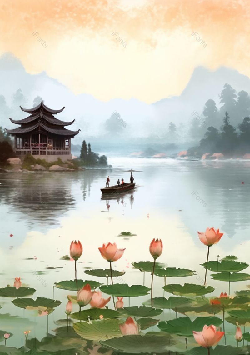 橙色山水荷花游船中国风背景,插画/手绘图,插画/手绘图库,插画/手绘图下载,插画/手绘